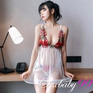 艷麗撩人-性感玫瑰刺繡深V透視吊帶睡裙-白色
