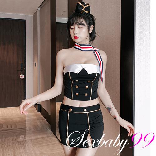 旅途豔遇-俏麗平口上衣包臀短裙空姐角色服