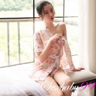 微甜氛圍-性感透視雪紡印花睡裙外罩衫-米色