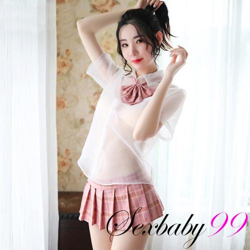 萌動青春-性感透視誘惑英倫風學生角色服-粉格