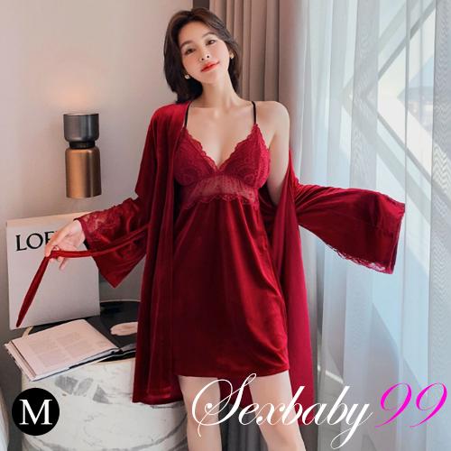 夢醒時分-金絲絨可拆胸墊吊帶睡裙兩件組-酒紅色-M