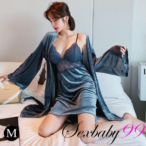 夢醒時分-金絲絨可拆胸墊吊帶睡裙兩件組-藍灰色-M