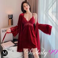 夢醒時分-金絲絨可拆胸墊吊帶睡裙兩件組-酒紅色-M