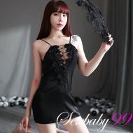 若隱若現-細繩綁帶蕾絲花邊露背性感睡衣-黑色