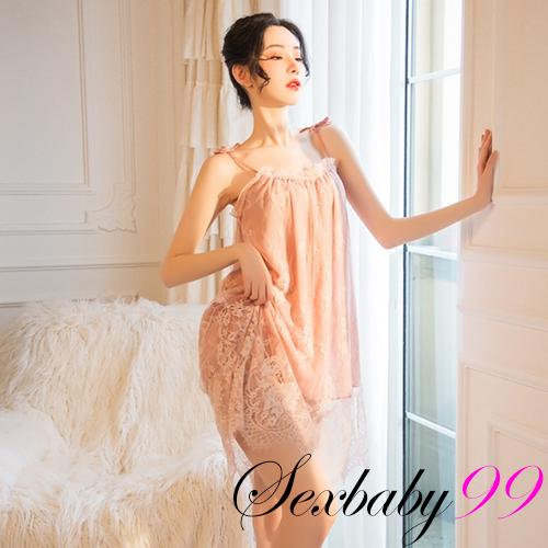 巧笑倩兮-性感誘惑蕾絲吊帶睡裙-春粉色