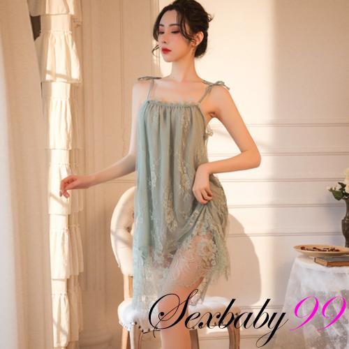 巧笑倩兮-性感誘惑蕾絲吊帶睡裙-翠青色