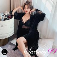 夢醒時分-金絲絨可拆胸墊吊帶睡裙兩件組-黑色-L