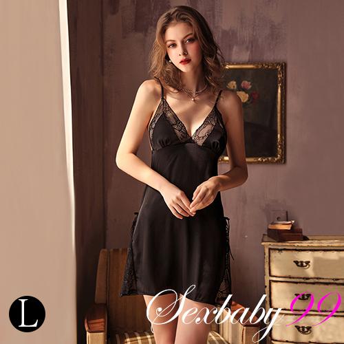 水波蕩漾-性感深V開高衩仿真絲吊帶睡裙-黑色-L