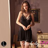 水波蕩漾-性感深V開高衩仿真絲吊帶睡裙-黑色-L