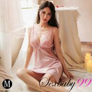 月色撩人-性感露背深V仿真絲吊帶睡裙-粉色-M