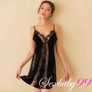 裙臣之下-性感深V蕾絲拼接吊帶睡裙-黑色