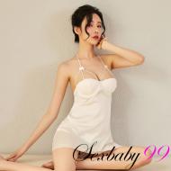 終結孤單-性感露背鏤空鋼托掛脖綁帶睡衣-白色