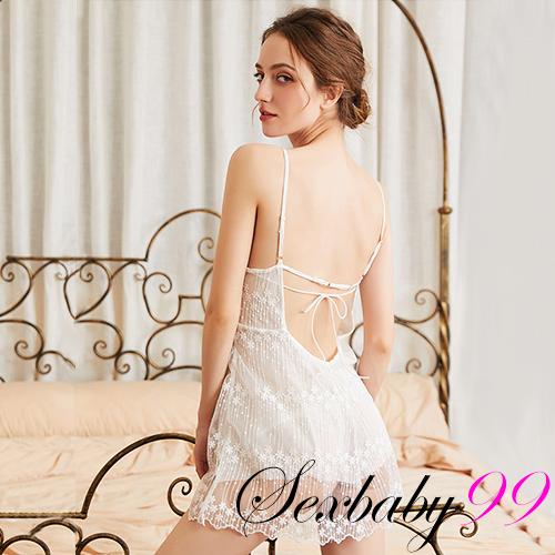 曼妙風情-性感露背綁帶吊帶睡裙-白色