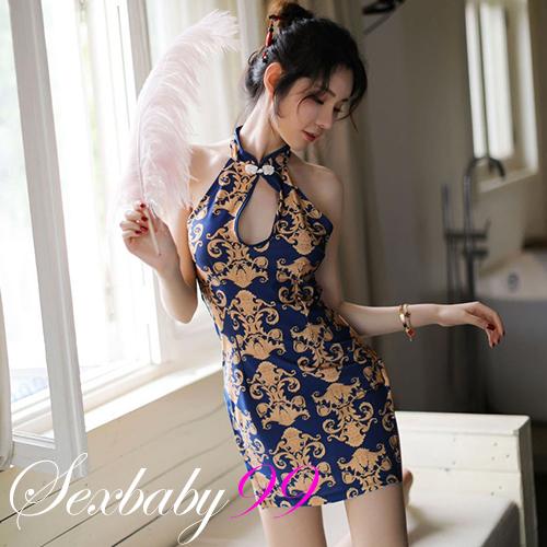 嬌花照水-性感鏤空開衩古典立領旗袍角色扮演-黃色