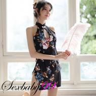 嬌花照水-性感鏤空開衩古典立領旗袍角色扮演-黑色