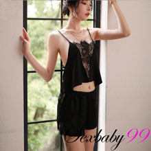 柔媚情迷-性感誘惑兩件式細肩睡衣-黑色