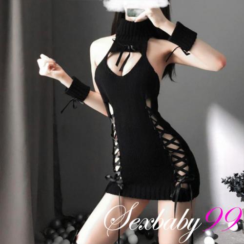 愛的奇蹟 性感後背鏤空情趣毛衣-黑色