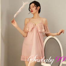 秋水芙蓉-宮廷風性感蕾絲吊帶睡裙-粉色