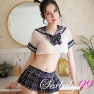 青春悸動 性感透視短版學生角色扮演服-藍