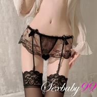 蝴蝶結蕾絲丁字褲吊襪帶-黑色-不含襪