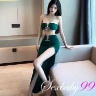 小美人魚 性感裹胸半身開衩長裙情趣兩件組-墨綠色