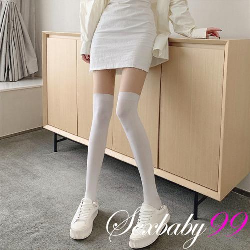 JK女孩假拼接膝上絲襪 高筒襪-上膚下白