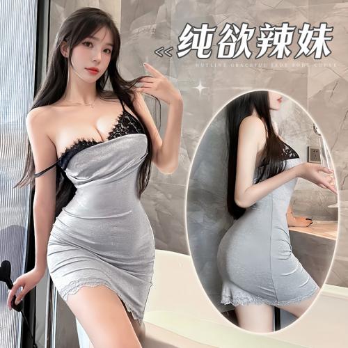 純欲辣妹蕾絲拼接包臀連身睡裙-灰黑