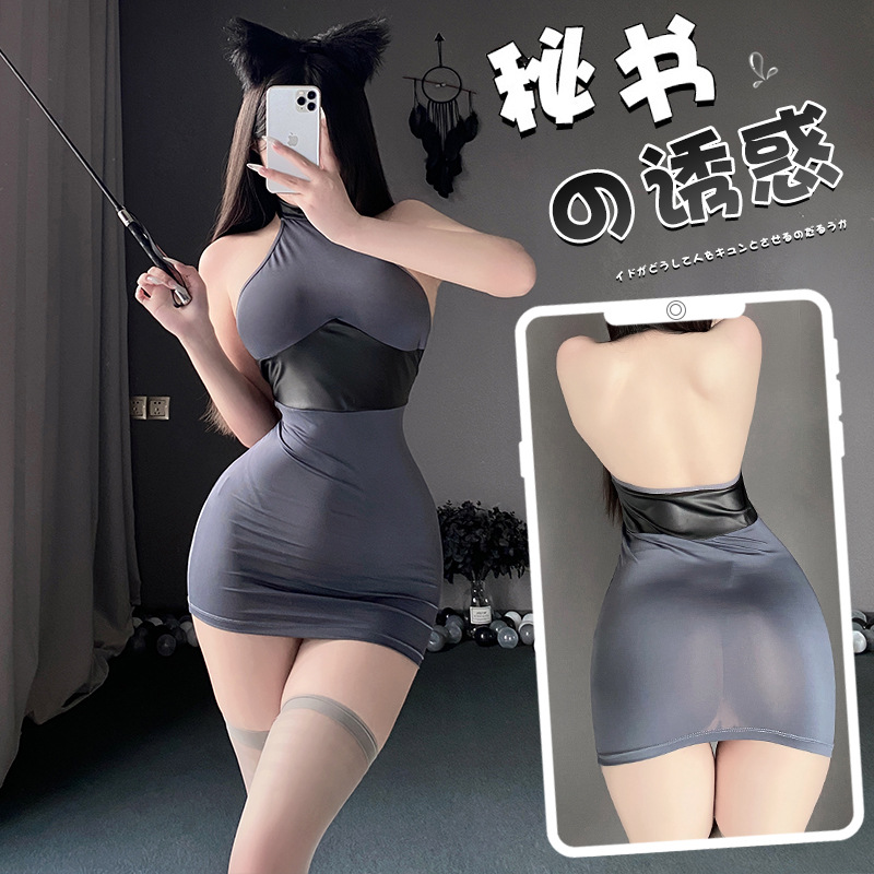 漆皮拼接透視包臀秘書OL套裝-灰黑