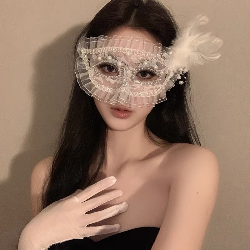 化妝舞會派對面具白色羽毛眼罩-白色