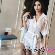 心神蕩漾-男友風性感雪紡襯衫睡衣-白色