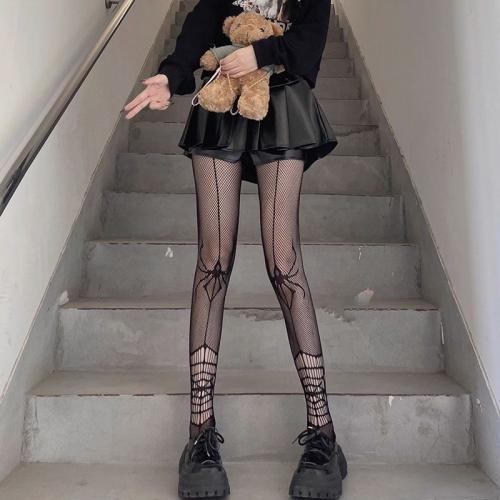 暗黑哥德蜘蛛鏤空漁網襪-黑色