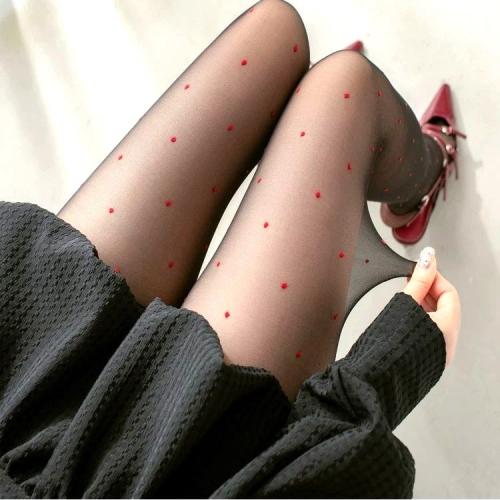 miu復古紅色波點絲襪-黑紅色