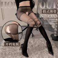 交叉綁帶蝴蝶結免脫開襠褲襪-黑色