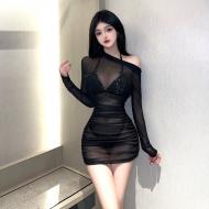 性感亮皮比基尼薄紗睡裙-黑色