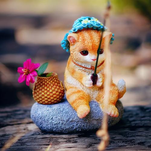 可愛小貓釣魚花園流水裝飾擺飾