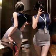 職場OL秘書套裝角色扮演-藍灰XL