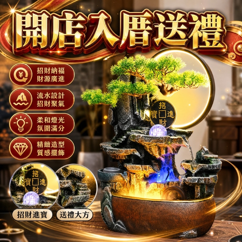 招財進寶流水擺件-七彩帶燈圈